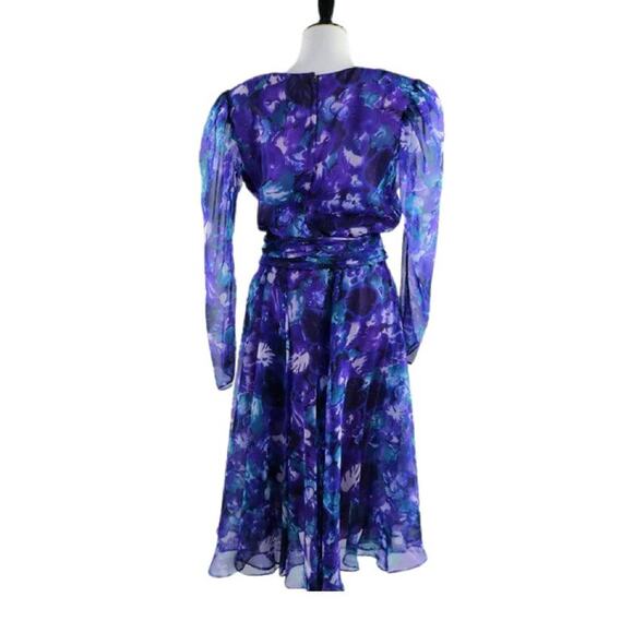 Vintage 1980s Purple Floral Print Chiffon Semi Sheer Dress Medium - Picture 4 of 10